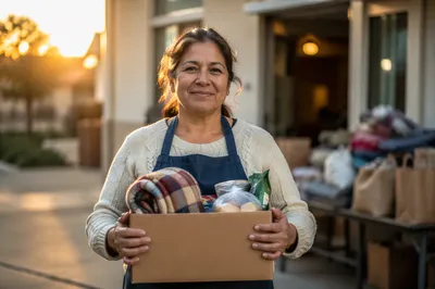 Warm Volunteer Portrait with Donation Box