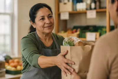Warm Portrait of Woman Offering Grocery Bag