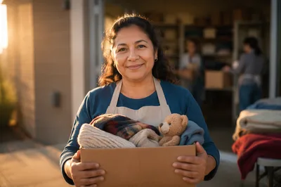 Warm Volunteer Portrait with Donation Box