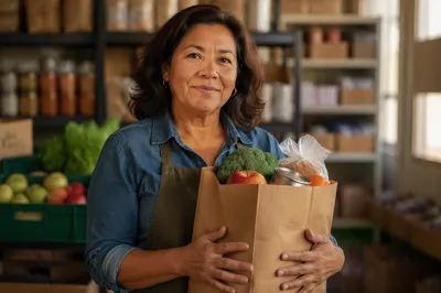 Warm Portrait of Woman Holding Grocery Bag