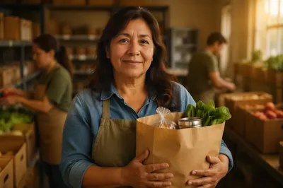 Warm Volunteer Holding Grocery Bag Portrait