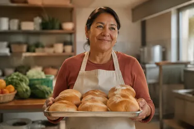 Compassionate Woman Holding Fresh Bread Tray