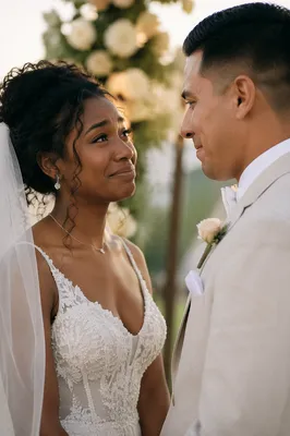Emotional Newlyweds Exchanging Vows Outdoors