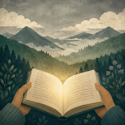Open Book Radiating Wisdom in Mountain Valley