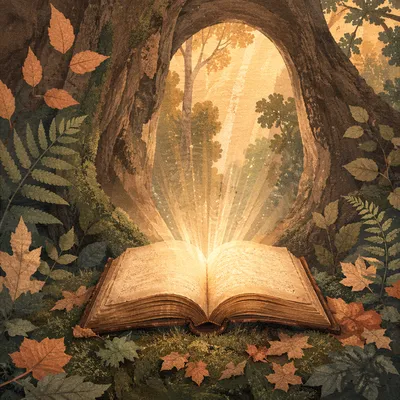 Glowing Open Book in Forest Clearing