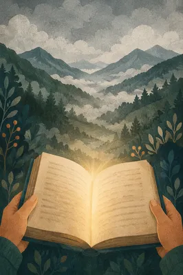 Open Book Glowing with Wisdom in Valley