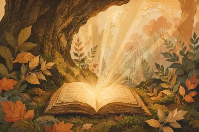 Glowing Open Book in Woodland Dawn