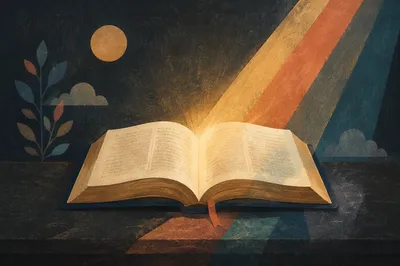 Open Sacred Book with Hopeful Stained Light