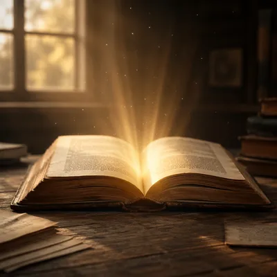 Open Book Glowing on Wooden Table