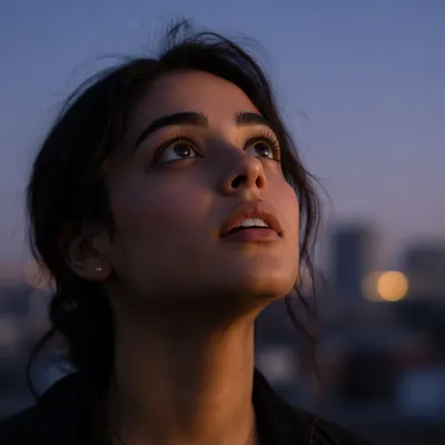 Awestruck Woman Looking Up at Blue Hour