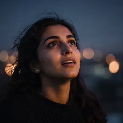Awestruck Woman Looking Up at Blue Hour