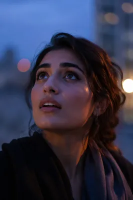 Awestruck Woman Looking Up at Blue Hour