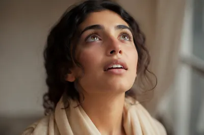 Awestruck Woman Looking Up Close Up