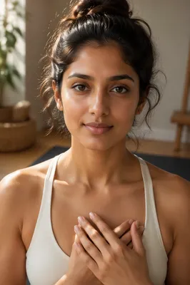 Calm Young Woman in Sunlit Studio