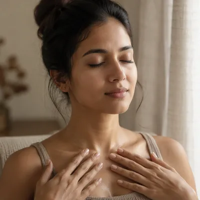 Peaceful Meditating Woman by Window Close Up