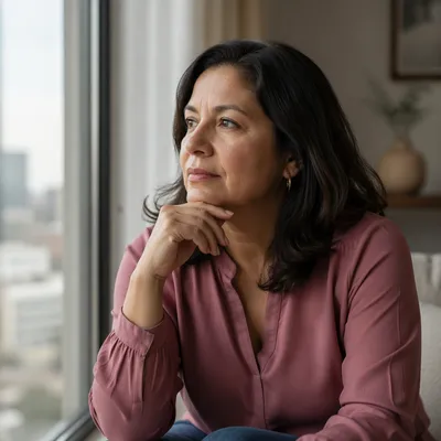Thoughtful Woman by Apartment Window