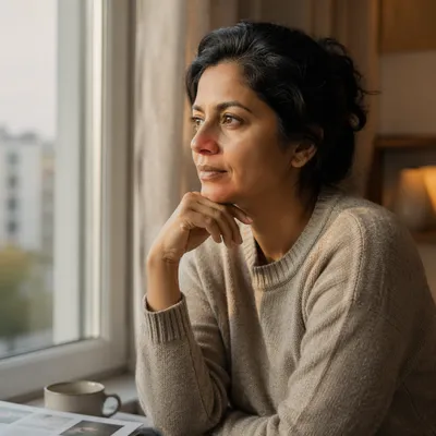 Thoughtful Woman by Apartment Window