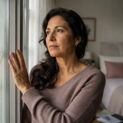 Thoughtful Woman by Apartment Window