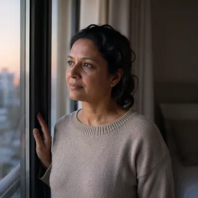 Thoughtful Woman by Apartment Window at Dawn