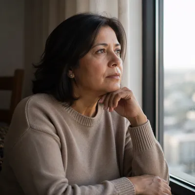 Thoughtful Woman by Apartment Window