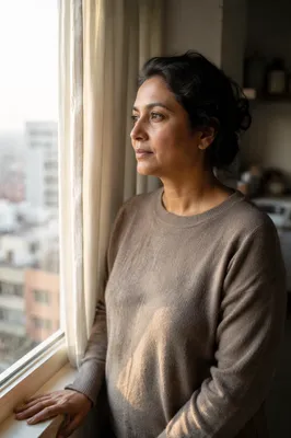 Thoughtful Woman by Apartment Window
