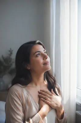 Hopeful Woman by Window in Morning Light