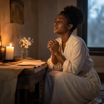 Woman Kneeling in Candlelit Prayer