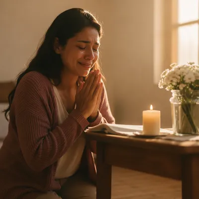 Young Woman Kneeling Beside Wooden Altar