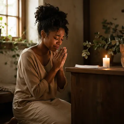 Young Woman Kneeling Beside Wooden Altar