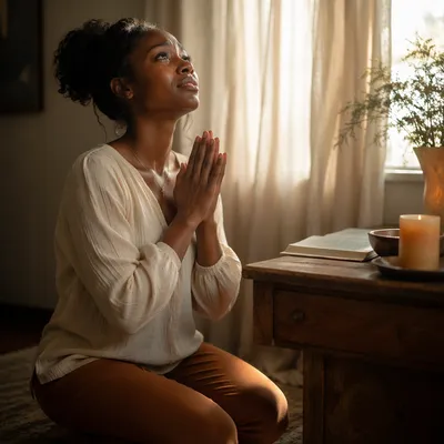 Young Woman Praying Beside Wooden Altar