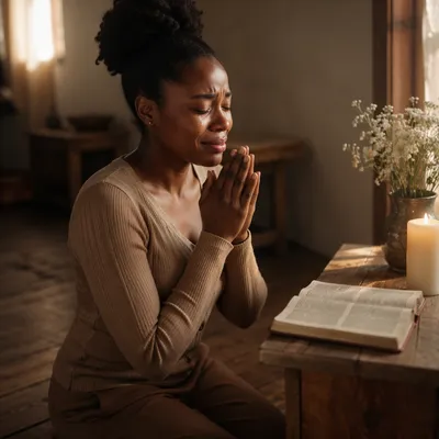 Young Woman Kneeling Beside Wooden Altar