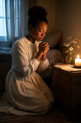 Young Woman Praying Beside Wooden Altar