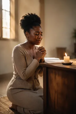 Young Woman Kneeling Beside Wooden Altar