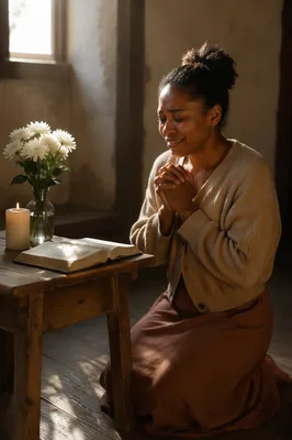 Young Woman Praying Beside Wooden Altar