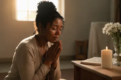 Young Woman Praying Beside Wooden Altar