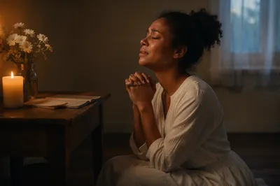 Young Woman Praying Beside Wooden Altar