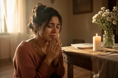 Young Woman Kneeling in Prayer at Dawn