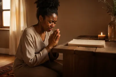 Young Woman Kneeling Beside Wooden Altar