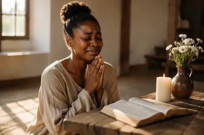 Young Woman Praying Beside Wooden Altar