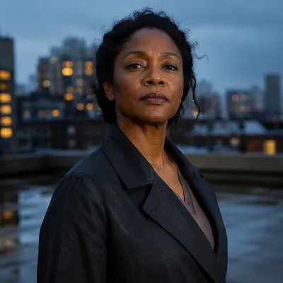 Determined Woman on Rainy Urban Rooftop