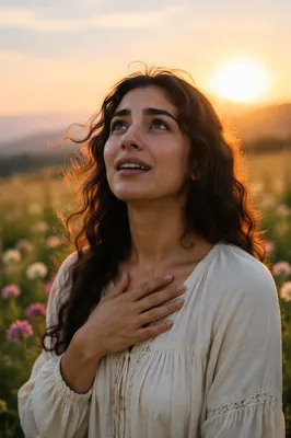 Young Woman in Wildflower Meadow Sunrise