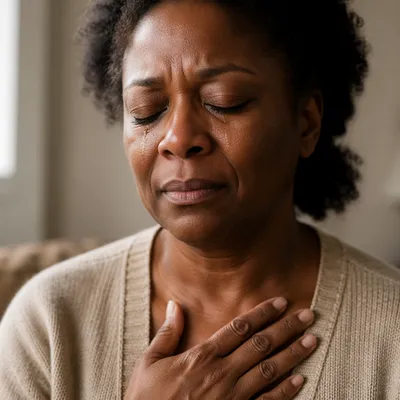 Close-Up Portrait of Tearful Praying Woman