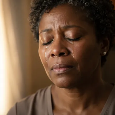 Tearful Woman with Eyes Closed Close-Up