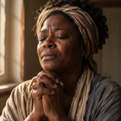 Tearful Woman Praying by Sunlit Window