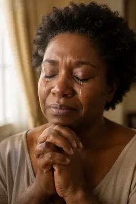 Tearful Woman with Hands Clasped Close Up