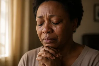 Tearful Woman Praying in Close Up