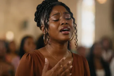 Close Up Woman Singing Emotionally Indoors