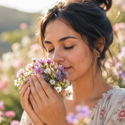 Young Woman Smelling Spring Wildflowers Close Up