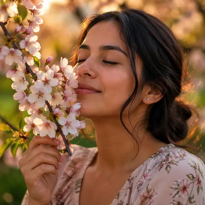 Young Woman Smelling Cherry Blossoms Close Up