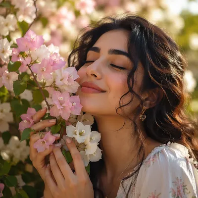 Young Woman Smelling Spring Flowers Close-Up